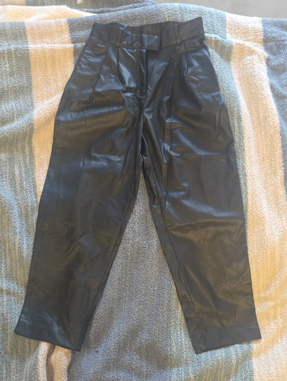 Women Black Faux Leather Pleated Tapered Pants